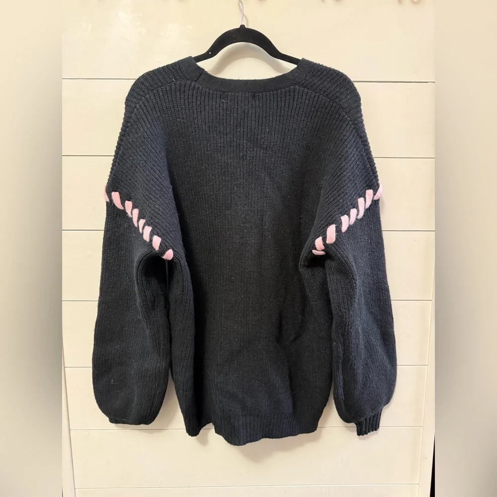 NWT Aelfric Eden Pink Black Hearts Ribbon Knit Sweater Cardigan Small Preppy - Picture 4 of 5